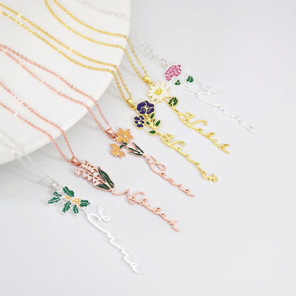 Image de Collier avec nom personnalisé en argent sterling 925, pendentif floral de naissance coloré personnalisé, collier avec nom