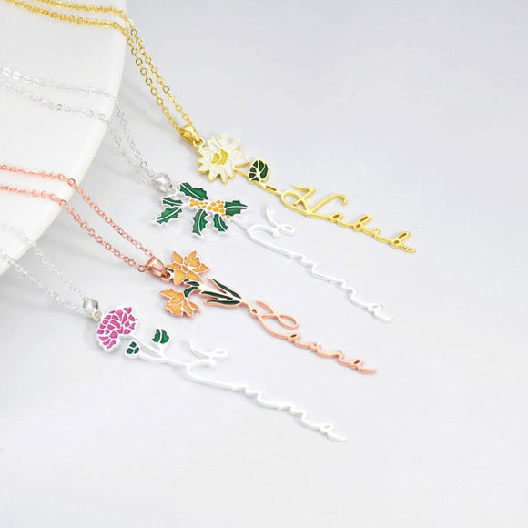 Image de Collier avec nom personnalisé en argent sterling 925, pendentif floral de naissance coloré personnalisé, collier avec nom