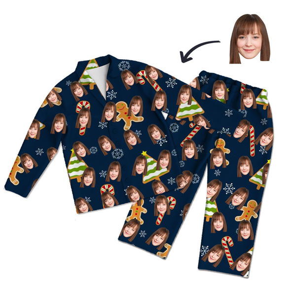Image de Pyjama de style de Noël personnalisé – Ensemble de pyjama bleu à manches longues avec photo de visage personnalisée Style de Noël vert – Meilleur cadeau pour la famille et les amis