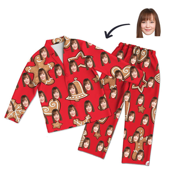 Afbeeldingen van Aangepaste kerststijl pyjama - gepersonaliseerde gezichtsfoto Rode pyjamaset met lange mouwen Groene kerststijl - het beste cadeau voor familie en vrienden