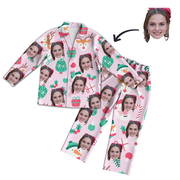 Afbeeldingen van Aangepaste kerststijl pyjama - gepersonaliseerde gezichtsfoto Roze pyjamaset met lange mouwen Kerststijl - het beste cadeau voor familie en vrienden