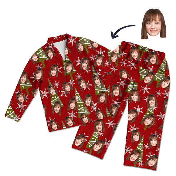 Image de Pyjamas de style de Noël personnalisés - Photo de visage personnalisée Ensemble de pyjama à manches longues rouge Style de Noël - Meilleur cadeau pour la famille et les amis