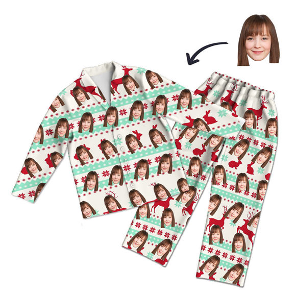 Image de Pyjama de style de Noël personnalisé - Ensemble de pyjama blanc à manches longues avec photo de visage personnalisée Style de Noël - Meilleur cadeau pour la famille et les amis