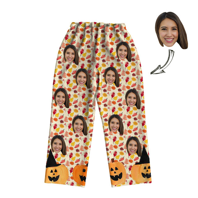 Picture of Customized Face Photo Yellow Long Sleeve Pumpkin Pajama Set Halloween Style - Best Gift for Loved Ones, Family and More.