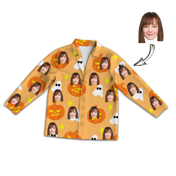Bild von Personalisiertes Gesichtsfoto-Orange-Langarm-Pyjama-Set im Halloween-Stil – tolles Geschenk für Ihre Lieben, Familie und mehr.