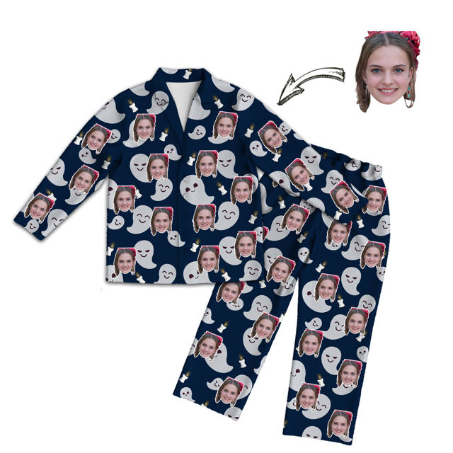 Picture of Customized Face Photo Dark Blue Long Sleeve Pajama Set Halloween Style - Best Gift for Loved Ones, Family and More.