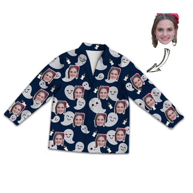 Picture of Customized Face Photo Dark Blue Long Sleeve Pajama Set Halloween Style - Best Gift for Loved Ones, Family and More.