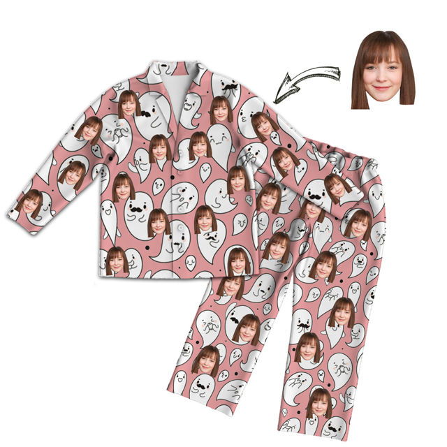 Picture of Customized Face Photo Pink Long Sleeve Pajama Set Halloween Style - Best Gift for Loved Ones, Family and More.