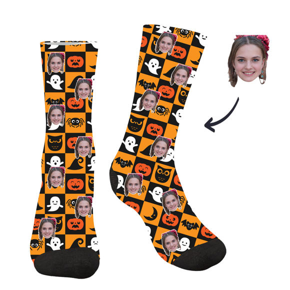 Bild von Personalisierte karierte Halloween-Socken mit Gesichtsfoto – tolles Geschenk für Familie, Freunde und mehr