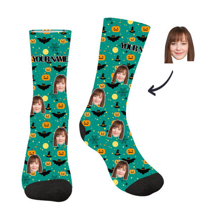 Picture of Customized Face Photo Green Halloween Socks - Best Gift for Family, Friends and More