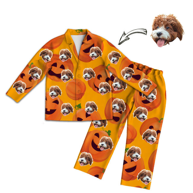 Picture of Customized Face Photo Pumpkin Orange Long Sleeve Pajama Set Halloween Style - Best Gift for Loved Ones, Family and More.