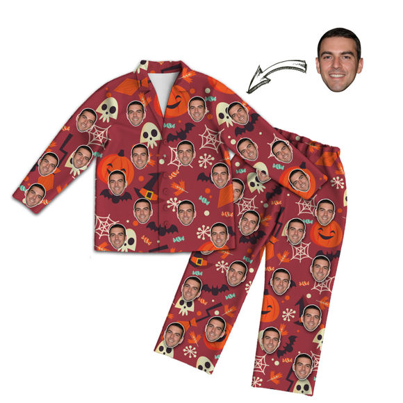 Afbeeldingen van Gepersonaliseerde pyjama in Halloween-stijl - Aangepaste gezichtfoto Rode pyjama met lange mouwen Halloween-stijl - Beste cadeau voor dierbaren, familie en meer.