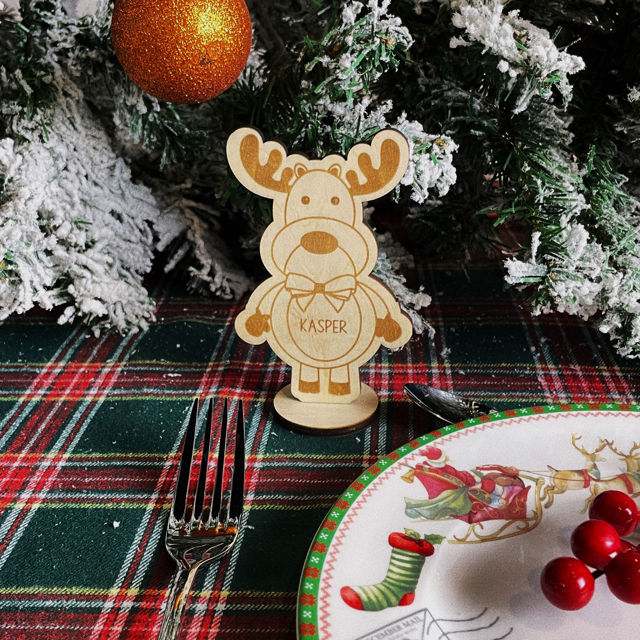 Picture of Personalized Name Wooden Placeholder Ornaments - Custom Cartoon Reindeer Snowman Place Cards - Custom Laser Printed Cartoon Line Drawing Oranamants - Handmade Christmas Ornaments