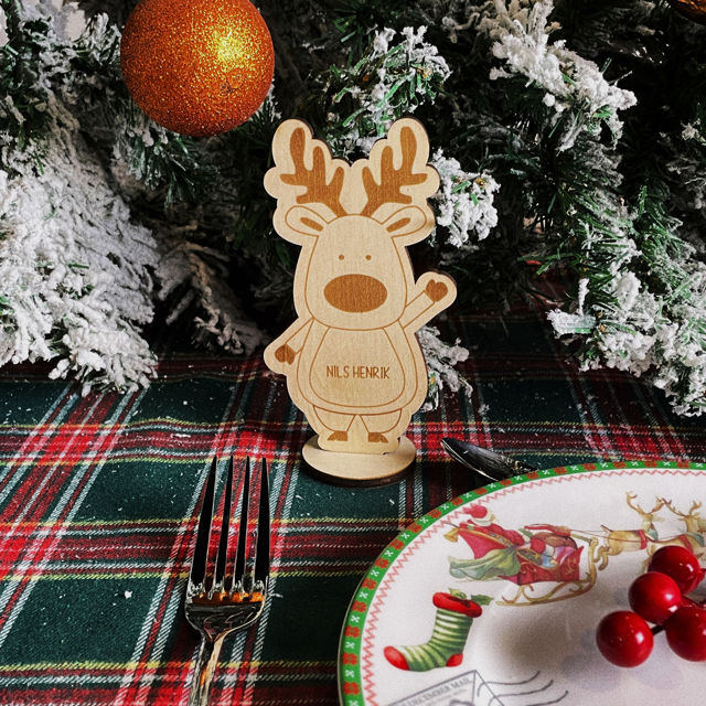 Picture of Personalized Name Wooden Placeholder Ornaments - Custom Cartoon Reindeer Snowman Place Cards - Custom Laser Printed Cartoon Line Drawing Oranamants - Handmade Christmas Ornaments