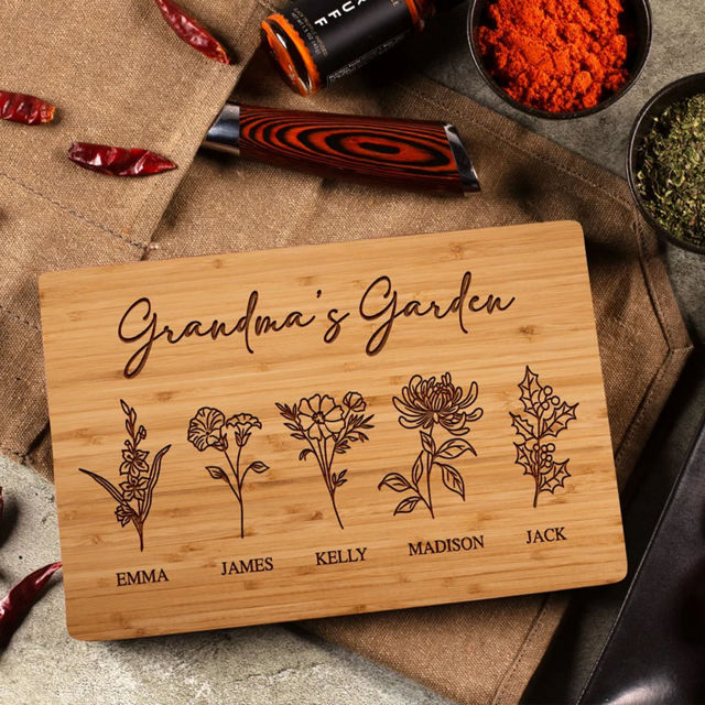 Picture of Personalized Cutting Board w/ Birth Flowers - Mama's Kitchen Gifts from Daughters - Grandma's Garden w/ Names - Best Christmas Gifts for Her