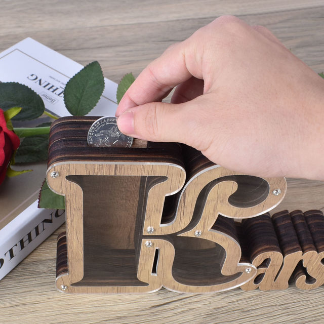 Picture of Personalized Wooden Name Piggy-Bank for Kids Boys Girls - Large Piggy Banks 26 English Alphabet Letter-K - Transparent Money Saving Box