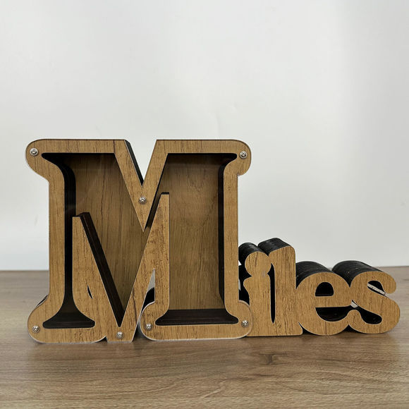 Picture of Personalized Wooden Name Piggy-Bank for Kids Boys Girls - Large Piggy Banks 26 English Alphabet Letter-M - Transparent Money Saving Box