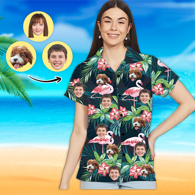 Picture of Custom Face Photo Hawaiian Shirt - Custom Women's Face Shirt All Over Print Hawaiian Shirt - Best Gifts for Women - Pink Flamingo - T-Shirts as Holiday Gifts