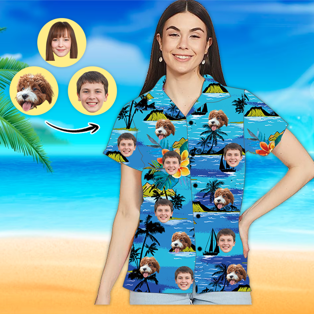 Picture of Custom Face Photo Hawaiian Shirt - Custom Women's Face Shirt All Over Print Hawaiian Shirt - Best Gifts for Women - Blue Sea - T-Shirts as Holiday Gifts
