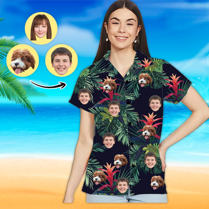 Imagen de Camisa hawaiana con foto de cara personalizada - Camisa hawaiana con estampado integral para mujer personalizada - Los mejores regalos para mujeres - Hojas verdes - Camisetas como regalos navideños