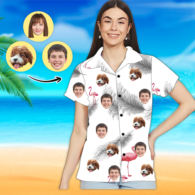 Picture of Custom Face Photo Hawaiian Shirt - Custom Women's Face Shirt All Over Print Hawaiian Shirt - Best Gifts for Women - White Pattern - T-Shirts as Holiday Gifts
