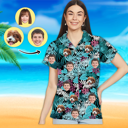 Bild von Benutzerdefiniertes Gesichtsfoto-Hawaii-Hemd – Benutzerdefiniertes Frauen-Gesichts-Hemd mit Allover-Print-Hawaii-Hemd – Beste Geschenke für Frauen – Blaue Blätter – T-Shirts als Weihnachtsgeschenke