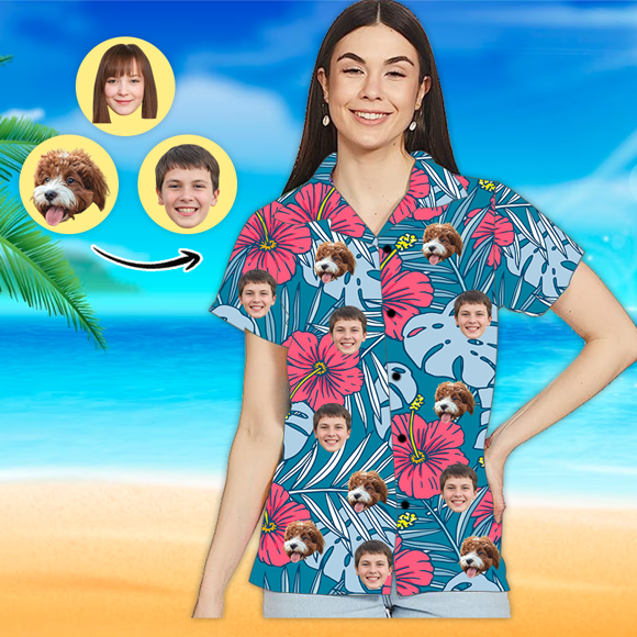 Bild von Benutzerdefiniertes Gesichtsfoto-Hawaii-Hemd – Benutzerdefiniertes Frauen-Gesichts-Hemd mit Allover-Print-Hawaii-Hemd – Beste Geschenke für Frauen – Rosa Blume – T-Shirts als Weihnachtsgeschenke