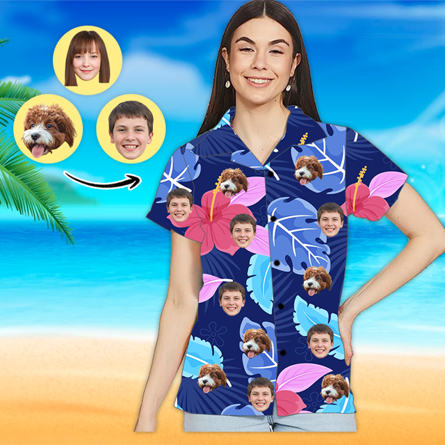 Picture of Custom Face Photo Hawaiian Shirt - Custom Women's Face Shirt All Over Print Hawaiian Shirt - Best Gifts for Women - Purple Leaves - T-Shirts as Holiday Gifts