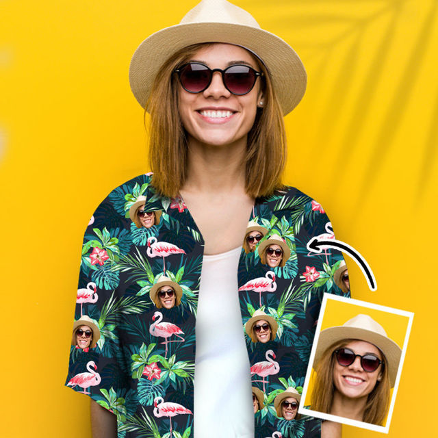 Picture of Custom Face Photo Hawaiian Shirt - Custom Women's Face Shirt All Over Print Hawaiian Shirt - Best Gifts for Women - Yellow Pattern - T-Shirts as Holiday Gifts