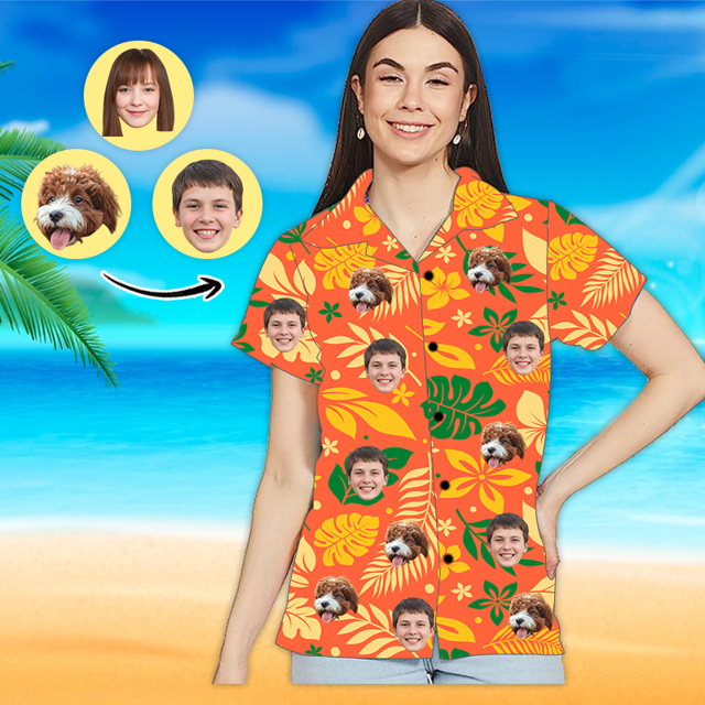 Picture of Custom Face Photo Hawaiian Shirt - Custom Women's Face Shirt All Over Print Hawaiian Shirt - Best Gifts for Women - Yellow Pattern - T-Shirts as Holiday Gifts