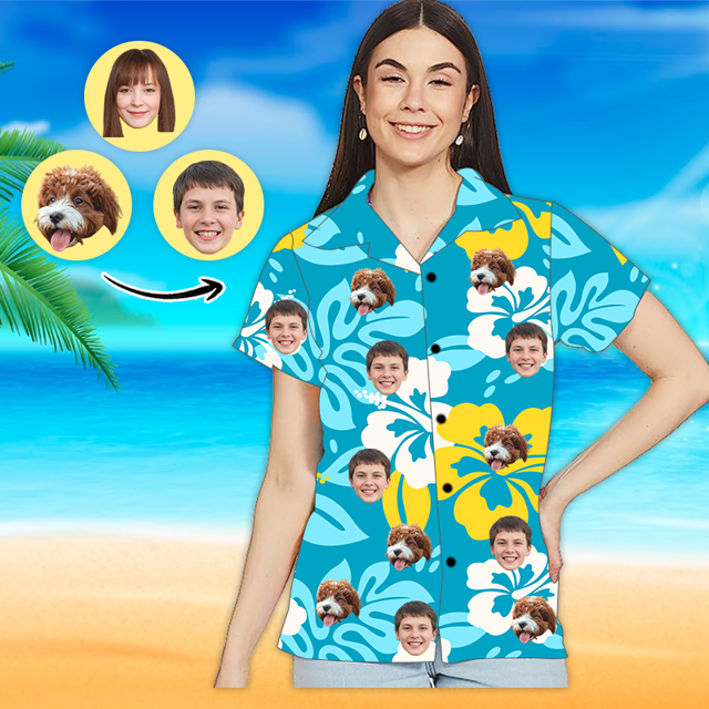 Picture of Custom Face Photo Hawaiian Shirt - Custom Women's Face Shirt All Over Print Hawaiian Shirt - Best Gifts for Women - White Flower - T-Shirts as Holiday Gifts