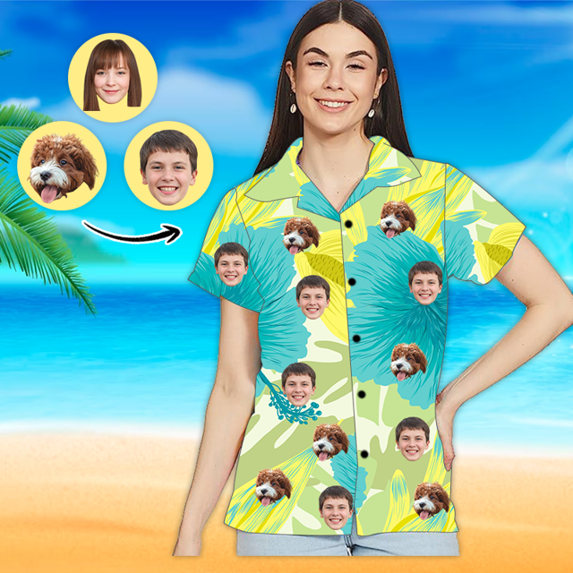 Picture of Custom Face Photo Hawaiian Shirt - Custom Women's Face Shirt All Over Print Hawaiian Shirt - Best Gifts for Women - Green Pattern - T-Shirts as Holiday Gifts