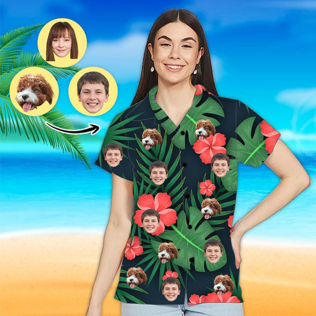 Picture of Custom Face Photo Hawaiian Shirt - Custom Women's Face Shirt All Over Print Hawaiian Shirt - Best Gifts for Women - Big Red Flower  - T-Shirts as Holiday Gifts