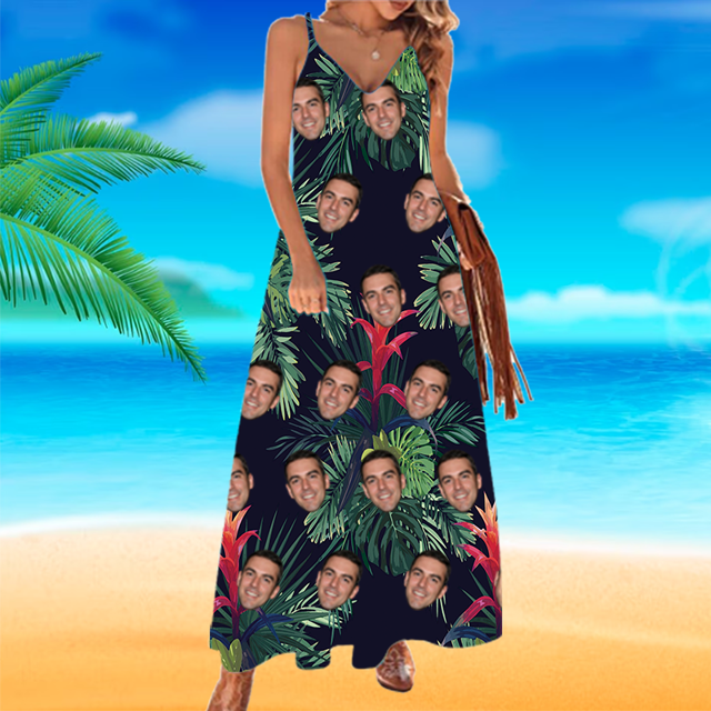 Picture of Custom Face Hawaiian Dress - Personalized Summer Long Dress With Faces - Custom Face Photo Sundress as Summer Holiday Gifts for Ladies/Girls - Green