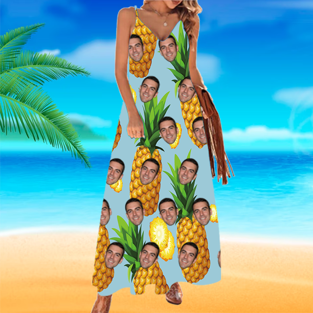 Picture of Custom Face Hawaiian Dress - Personalized Summer Long Dress With Faces - Custom Face Photo Sundress as Summer Holiday Gifts for Ladies/Girls - Pineapple