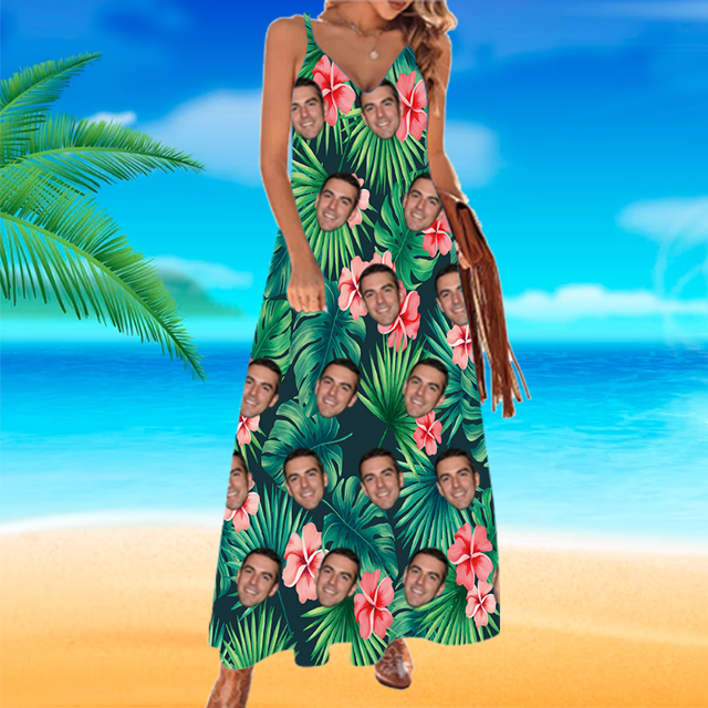 Picture of Custom Face Hawaiian Dress - Personalized Summer Long Dress With Faces - Custom Face Photo Sundress as Summer Holiday Gifts for Ladies/Girls - Big Red Flower