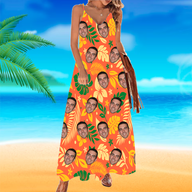 Picture of Custom Face Hawaiian Dress - Personalized Summer Long Dress With Faces - Custom Face Photo Sundress as Summer Holiday Gifts for Ladies/Girls - Orange