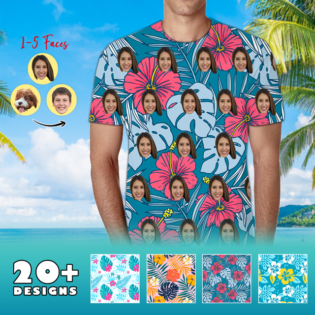 Picture of Custom Face Photo Hawaiian Shirt - Personalized Face Short Sleeve Hawaiian T-Shirt - Casual Printed Beach Short Sleeve