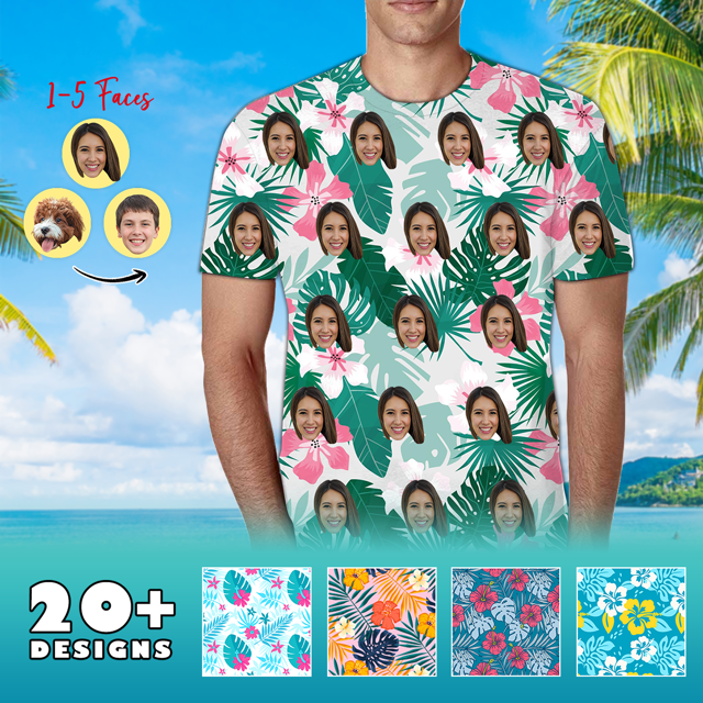 Picture of Custom Face Photo Hawaiian Shirt - Personalized Face Short Sleeve Hawaiian T-Shirt - Casual Printed Beach Short Sleeve