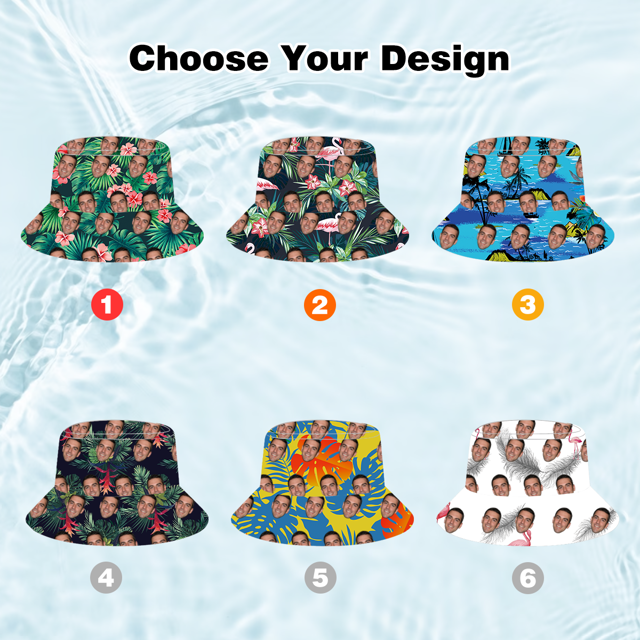 Picture of Customized Photo Face Hawaiian Style Bucket Hats - Personalized Face All Over Print Tropical Flower Print Hawaiian Fisherman Hat - Best Summer Beach Party Gifts