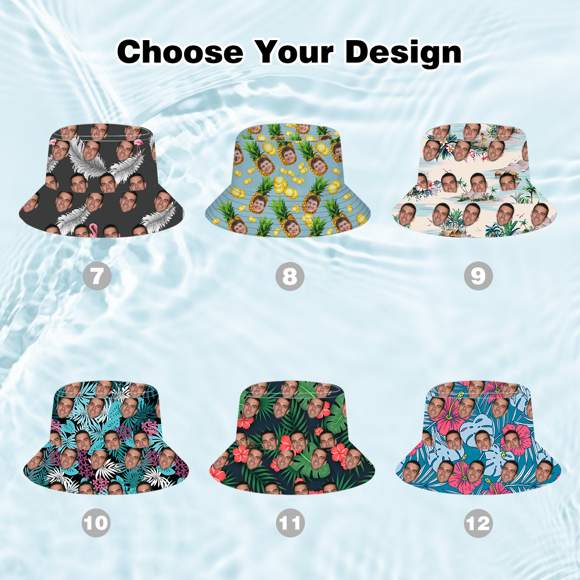 Picture of Customized Photo Face Hawaiian Style Bucket Hats - Personalized Face All Over Print Tropical Flower Print Hawaiian Fisherman Hat - Best Summer Beach Party Gifts