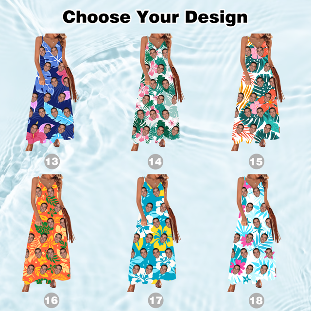 Picture of Custom Face Hawaiian Dress - Personalized Summer Long Dress with Faces - Custom Face Photo Sundress as Summer Holiday Gifts for Ladies/Girls