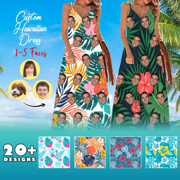 Bild von Hawaii-Kleid mit individuellem Gesicht – personalisiertes langes Sommerkleid mit Gesichtern – Sonnenkleid mit individuellem Gesichtsfoto als Sommerurlaubsgeschenke für Damen/Mädchen
