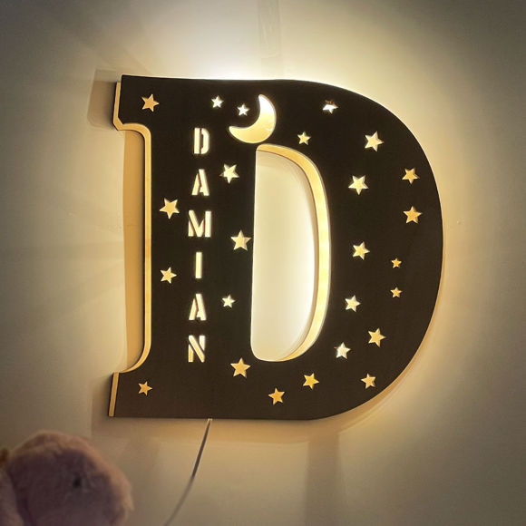 Picture of Personalized Letter Night Light for Wall Decor or Desk Best Gift For Loved Ones- Custom Wooden Engraved Name Night Light 26 Letters Style