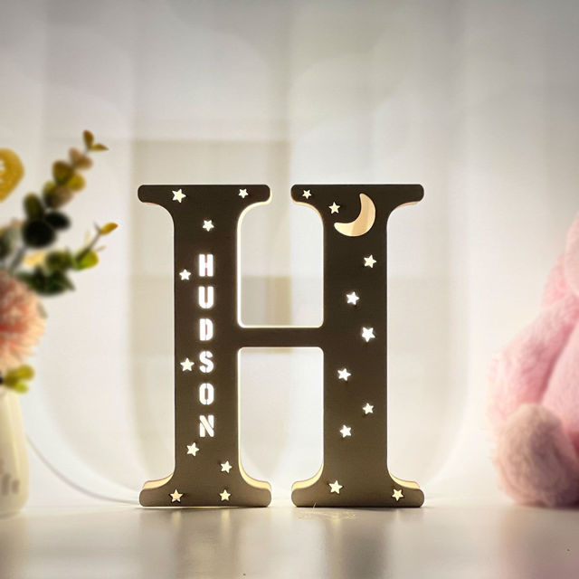 Picture of Personalized Letter Night Light for Wall Decor or Desk Best Gift For Loved Ones- Custom Wooden Engraved Name Night Light 26 Letters Style