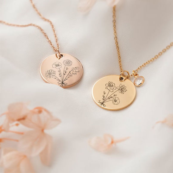 Picture of Custom Birth Flower Necklace Round Disc Shape - Personalized Necklaces with 1-5 Birth Flowers - Custom Flower Name Necklace - Wedding Bridesmaid Gift Necklaces