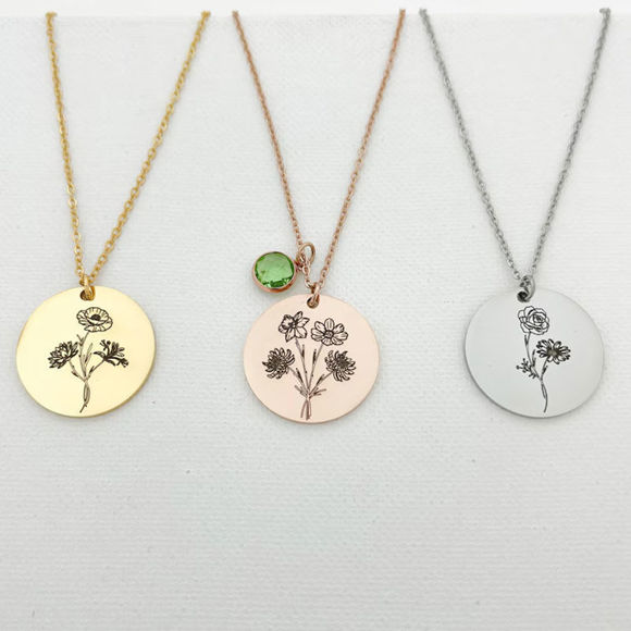 Picture of Custom Birth Flower Necklace Round Disc Shape - Personalized Necklaces with 1-5 Birth Flowers - Custom Flower Name Necklace - Wedding Bridesmaid Gift Necklaces