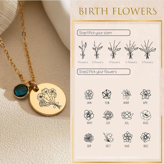 Picture of Custom Birth Flower Necklace Round Disc Shape - Personalized Necklaces with 1-5 Birth Flowers - Custom Flower Name Necklace - Wedding Bridesmaid Gift Necklaces