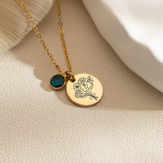 Picture of Custom Birth Flower Necklace Round Disc Shape - Personalized Necklaces with 1-5 Birth Flowers - Custom Flower Name Necklace - Wedding Bridesmaid Gift Necklaces