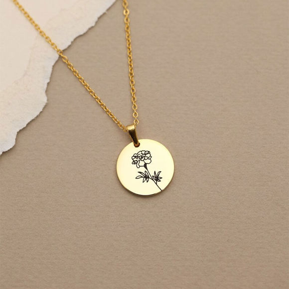 Picture of Personalized Birth Flower Jewelry - Disc Pendant Engraved Coin Necklace - Gifts For He - Christmas Gift